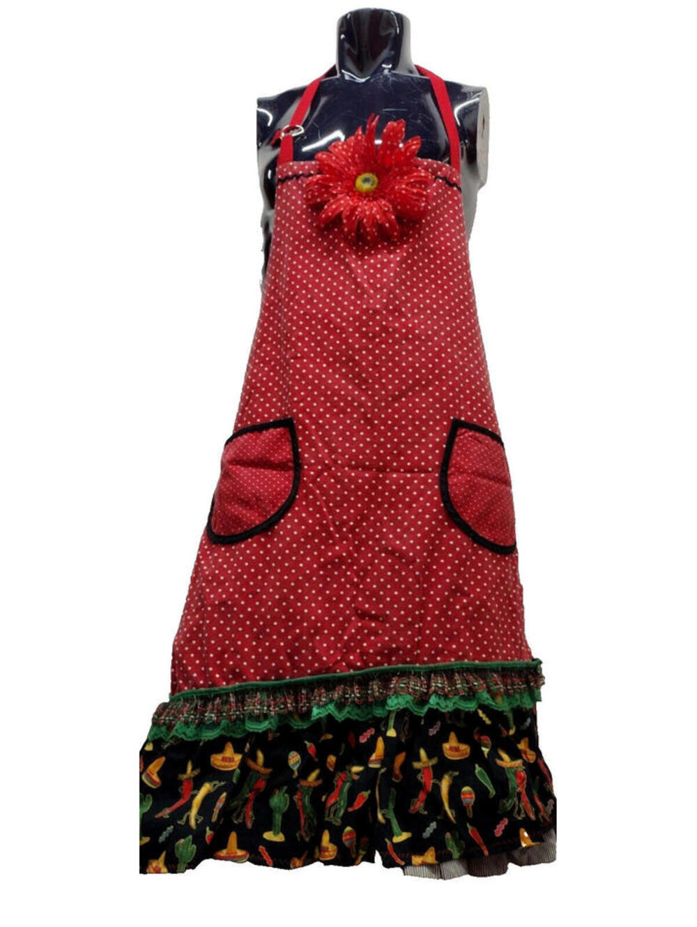 Kitschy Red Sunflower Apron Polka Dotted Mexican Sombreros Chiles Chili peppers